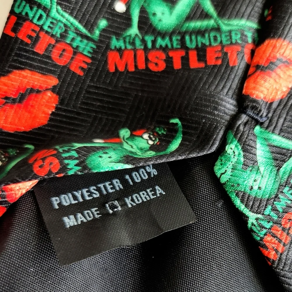 Christmas Holiday Tie With Frogs, Lips, And Mistletoe, Black, Red, & Green